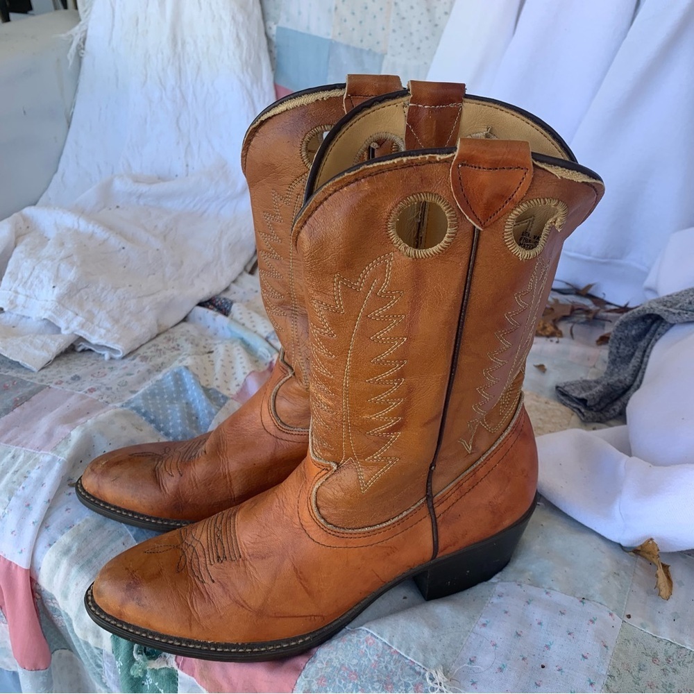 Vintage 70s 80s Wrangler Tan Leather Western Cowgirl Boots Cowboy Boho